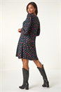 Teal Floral Print Jersey Stretch Swing Dress, Image 3 of 5