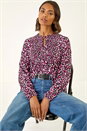 PINK Printed Shirred Tie Neck Top, Image 1 of 5
