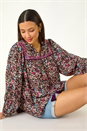 Purple Floral Print Tie Front Top, Image 1 of 5