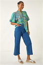 Blue Patchwork Print Tie Front Blouse , Image 2 of 5