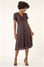 Chocolate Sequin Lace Twist Front Midi Dress, Image 2 of 5