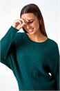 Green Ribbed Geometric Print Batwing Jumper, Image 4 of 5