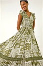 KHAKI Patchwork Lace Trim Maxi Dress, Image 1 of 5