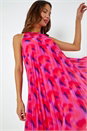 Cerise High Neck Abstract Pleated Swing Dress, Image 2 of 5