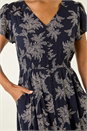 Navy  Leaf Print V-Neck Maxi Dress, Image 5 of 5