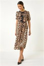 Camel  Animal Print Tie Detail Midi Dress, Image 3 of 6