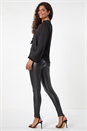 Black Ruffle Front V-Neck Satin Blouse, Image 3 of 5