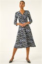 Purple Floral Twisted Front Stretch Midi Dress, Image 2 of 7