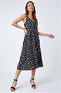 Black Sleeveless Polka Dot Midi Stretch Dress , Image 1 of 5