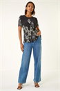 Black Floral Print Pleated Short Sleeve Top, Image 2 of 5