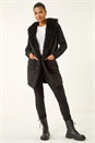 Black Longline Faux Shearling Knit Coatigan, Image 2 of 5