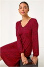 Red Ditsy Floral Print Lace Trim Stretch Dress, Image 2 of 5