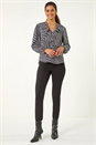 Black Houndstooth Print Ruffle Top, Image 2 of 5