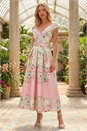 Pink Floral Print Bardot Midi Stretch Dress, Image 1 of 4