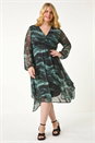 Grey Curve Abstract Print Wrap Stretch Midi Dress, Image 2 of 5