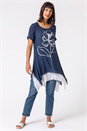 Navy  Floral Motif Print Asymmetric Tunic Top, Image 3 of 4
