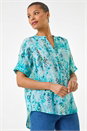 Blue Abstract Buttoned V-Neck Top, Image 2 of 5