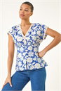 Blue Floral Print Lace Trim Top, Image 4 of 5