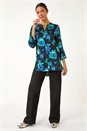 Teal Floral Print Satin Button Up Blouse, Image 3 of 5