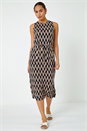 Black Abstract Print Drawcord Stretch Midi Dress, Image 4 of 5