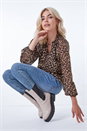 Camel  Leopard Print Metallic Detail Tie Neck Top, Image 2 of 5