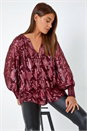 Wine Abstract Metallic Print V-Neck Blouse, Image 1 of 5