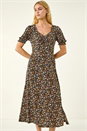 Pink Floral Ruched Midi Dress, Image 4 of 7