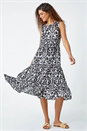 Black Baroque Tiered Smock Midi Dress, Image 1 of 4