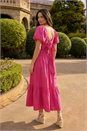 Pink Dusk Cotton Pleated Puff Midi Dress , Image 3 of 4