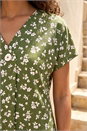 Khaki Floral Puff Print V-Neck Top, Image 4 of 4