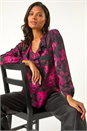 Pink Floral Print Ruffle V-Neck Top, Image 1 of 5