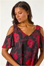 Red Floral Print Cold Shoulder Asymmetric Top, Image 2 of 5