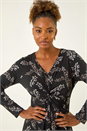Black Floral Print Twist Front Midi Dress, Image 4 of 5