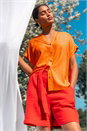 Red Textured Elastic Tie Waist Cotton Shorts, Image 6 of 7