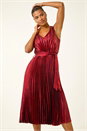 Red Metallic Pleat Belted Midi Dress, Image 4 of 5