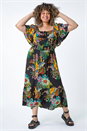 Black Curve Tropical Crinkle Shirred Midi Dress, Image 2 of 5