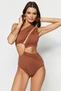 Brown One Shoulder Cut Out Detail Swimsuit, Image 1 of 3