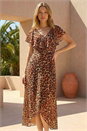 Chocolate Animal Print Wrap Chiffon Midi Dress, Image 2 of 4