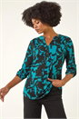 Teal Floral Print V-Neck Stretch Top, Image 2 of 5