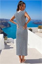 Navy  Ribbed Stripe Cap Sleeve Midi Dress, Image 3 of 4