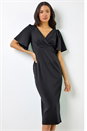 Black Gathered Wrap Front Midi Dress, Image 1 of 5