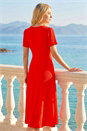 Red Textured Wrap Bodice Midi Dress, Image 3 of 4