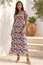 Orange Floral Print Shirred Stretch Maxi Dress, Image 2 of 4