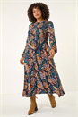 Teal Curve Floral Print Shirred Midi Dress, Image 3 of 7