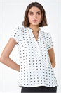 Ivory  Textured Spot Print V-Neck Ruffle Detail Top, Image 4 of 5