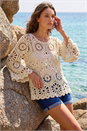Natural  Petite Crochet Flare Sleeve Top, Image 2 of 4