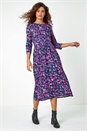 Purple Floral Print Midi Stretch Dress, Image 1 of 5