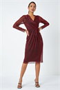 Red Metallic Shimmer Midi Wrap Dress, Image 2 of 5