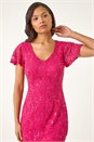 Fuchsia Sequin Lace Ruffle Stretch Midi Dress, Image 4 of 5