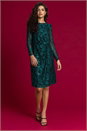 Teal Sequin Ruched Lace Wrap Dress, Image 3 of 5